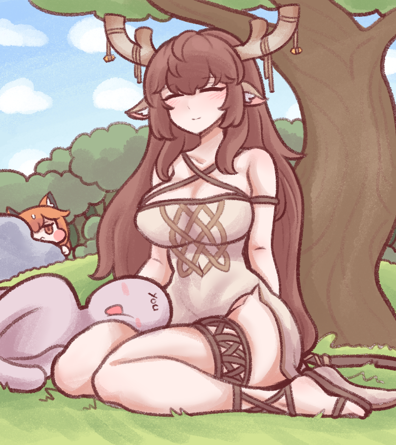 1boy, 2girls, :<, animal_ears, antlers, blue_sky, blush, blush_stickers