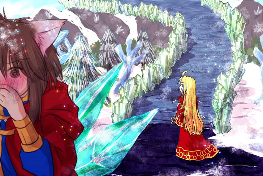 2boys, @_@, ahat_(ragnarok_online), ahoge, animal_ears, blonde_hair, blue_eyes, blue_shirt