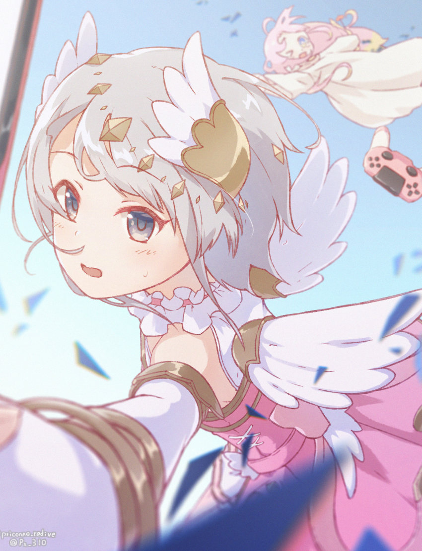 2girls, absurdres, angel, angel_wings, blush, breasts, green_hair, highres