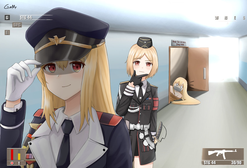3girls, black_gloves, black_neckwear, blonde_hair, bound, cosplay, gag, gamryous, garrison_cap, girls'_frontline, gloves, hat, highres, hitman_(game), improvised_gag, long_hair, long_sleeves, military, military_uniform, mp40_(girls'_frontline), multiple_girls, necktie, peaked_cap, red_eyes, rope, short_hair, stg44_(girls'_frontline), stg44_(girls'_frontline)_(cosplay), sv-98_(girls'_frontline), tape, tape_gag, tied_up_(nonsexual), user_interface, white_gloves