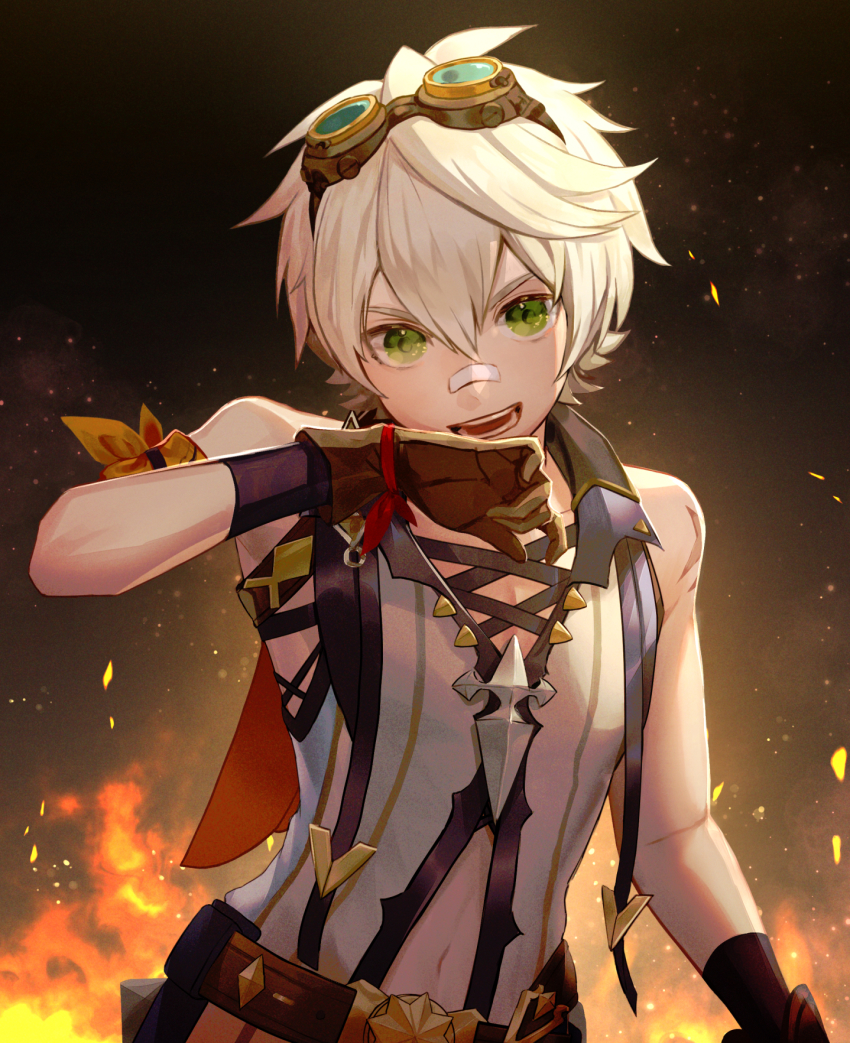 1boy, arm_scarf, bandaid, bandaid_on_face, bandaid_on_nose, bennett_(genshin_impact), brown_gloves, commentary_request, fang, genshin_impact, gloves, goggles, goggles_on_head, green_eyes, grey_hair, highres, male_focus, navel, penguu_(green528), pouch, scar, scar_on_arm, shorts, sleeveless, solo
