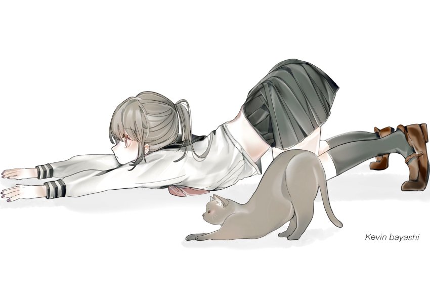1girl, animal, artist_name, black_skirt, cat, from_side, grey_hair, highres