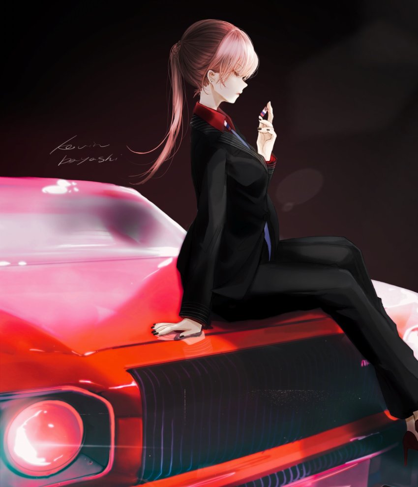 1girl, black_nails, blue_necktie, car, closed_eyes, female_focus, formal_clothes, high_heels