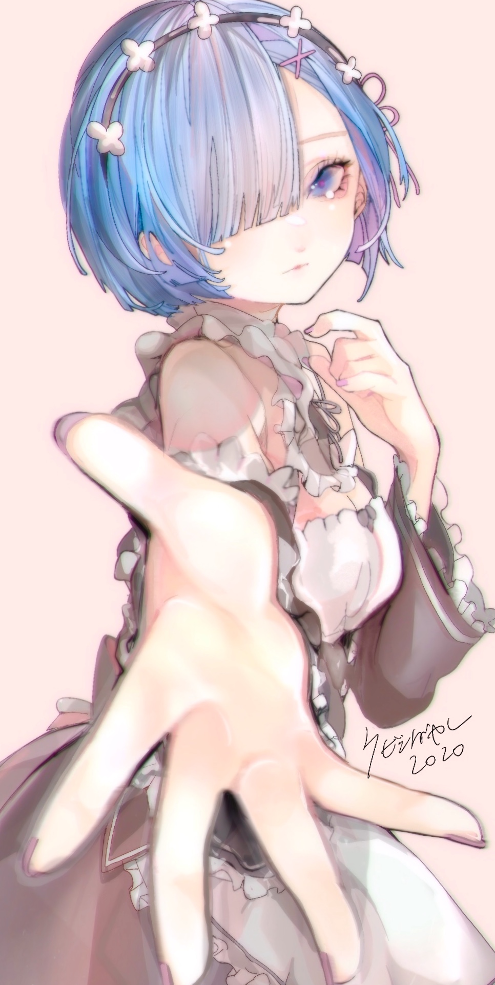 1girl, 2020, apron, blue_eyes, blue_hair, dress, female_focus, foreshortening, frilled_apron, frills, hair_over_one_eye, highres, kevin_bayashi, looking_at_viewer, maid, nail_polish, outstretched_hand, pink_nails, re:zero_kara_hajimeru_isekai_seikatsu, rem_(re:zero), short_hair, solo