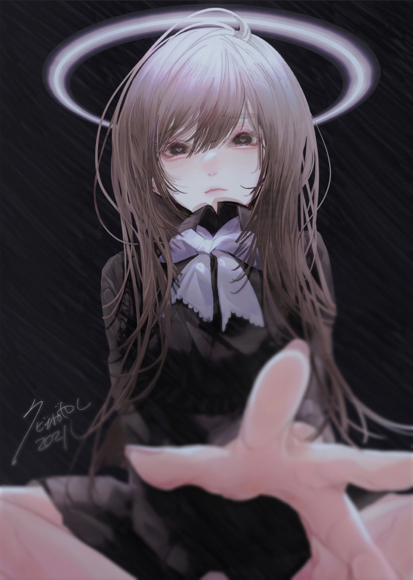1girl, 2021, absurdres, aegyo_sal, black_eyes, blurry, brown_hair, depth_of_field, female_focus, foreshortening, halo, heart, heart-shaped_pupils, highres, kevin_bayashi, long_hair, looking_at_viewer, original, outstretched_hand, pale_skin, sitting, solo, symbol-shaped_pupils, white_neckwear