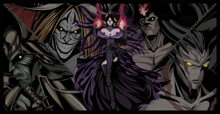 1girl, 4boys, armor, belzenlok, black_footwear, black_hair, black_horns, black_sclera