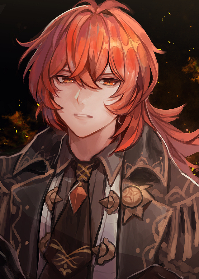 1boy, antenna_hair, black_jacket, black_necktie, diluc_(genshin_impact), fire, genshin_impact, jacket