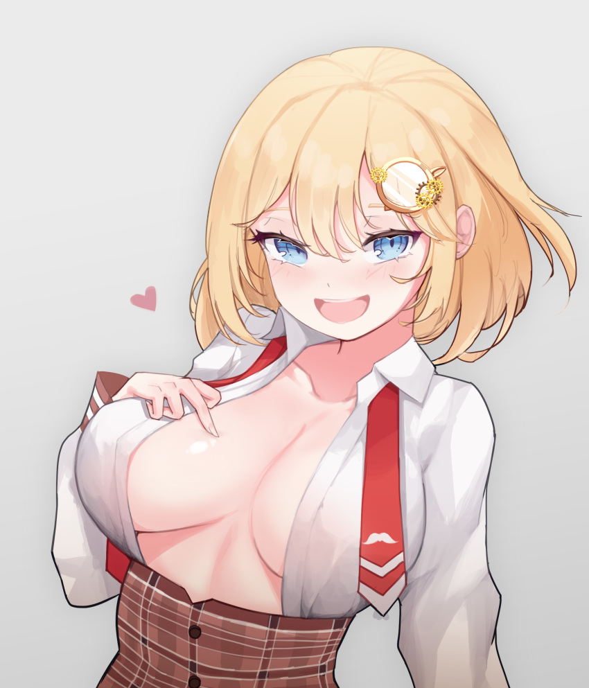 1girl, :d, absurdres, blonde_hair, blouse, blue_eyes, breasts, collarbone, hair_ornament, heart, high-waist_skirt, highres, hololive, hololive_english, large_breasts, necktie, no_bra, open_clothes, open_mouth, open_shirt, shirt, short_hair, sideboob, simple_background, skirt, sliverdog, smile, solo, upper_body, virtual_youtuber, watson_amelia