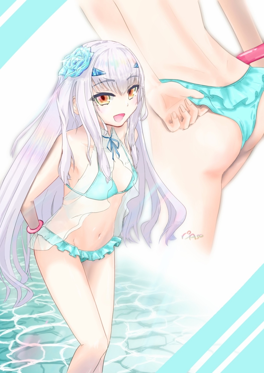 1girl, asobeco, ass, bare_shoulders, bikini, blue_bikini, blush, breasts