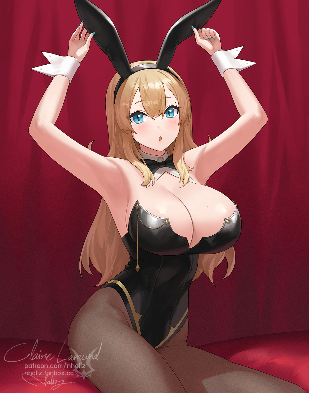 1girl, :o, animal_ears, armpits, arms_up, artist_name, black_bow, black_bowtie