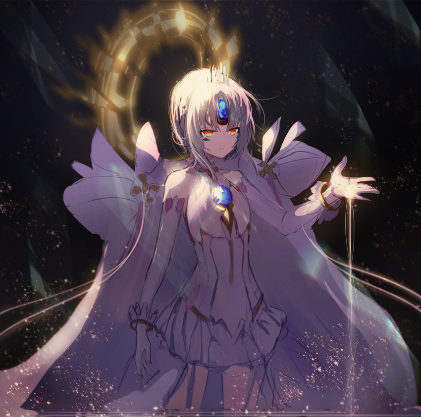 1girl, black_background, cape, code:_esencia_(elsword), commentary, cowboy_shot, dress, elsword, eve_(elsword), facial_mark, forehead_jewel, garter_straps, gloves, halo, parted_bangs, roon_(ddeer2010), short_hair, sidelocks, solo, thighhighs, tiara, white_cape, white_dress, white_gloves, white_hair, white_thighhighs, yellow_eyes