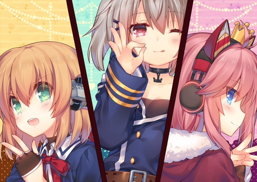 3girls, blonde_hair, blue_eyes, blush, cat_ear_panties, collarbone, crown, green_eyes
