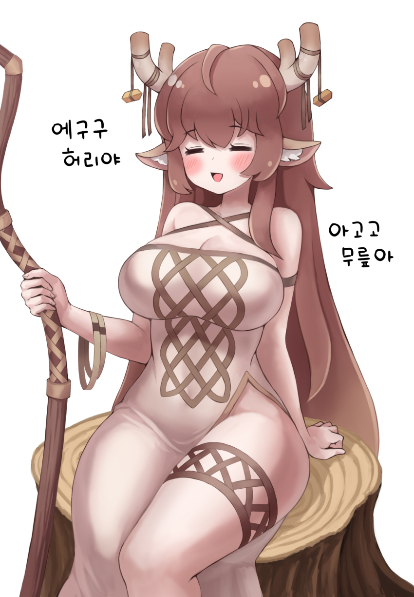 1girl, =_=, animal_ears, antlers, breasts, cleavage, closed_eyes, deer_ears