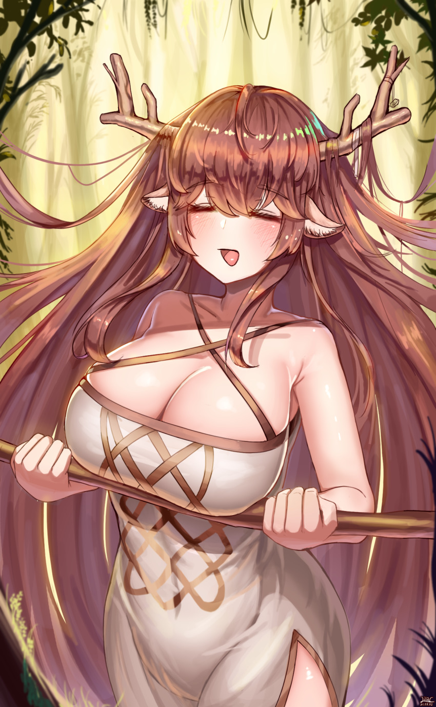 1girl, =_=, animal_ears, antlers, breasts, cleavage, closed_eyes, deer_ears, deer_girl, diana_(trickcal), dress, highres, horns, large_breasts, lilac_(k32420276), long_hair, open_mouth, side_slit, smile, solo, trickcal, very_long_hair