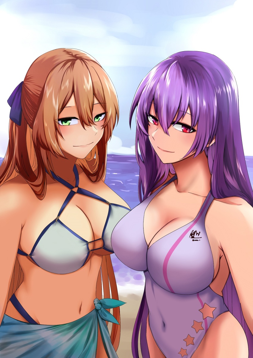 2girls, beach, bikini, blue_ribbon, blush, breasts, brown_hair, character_request