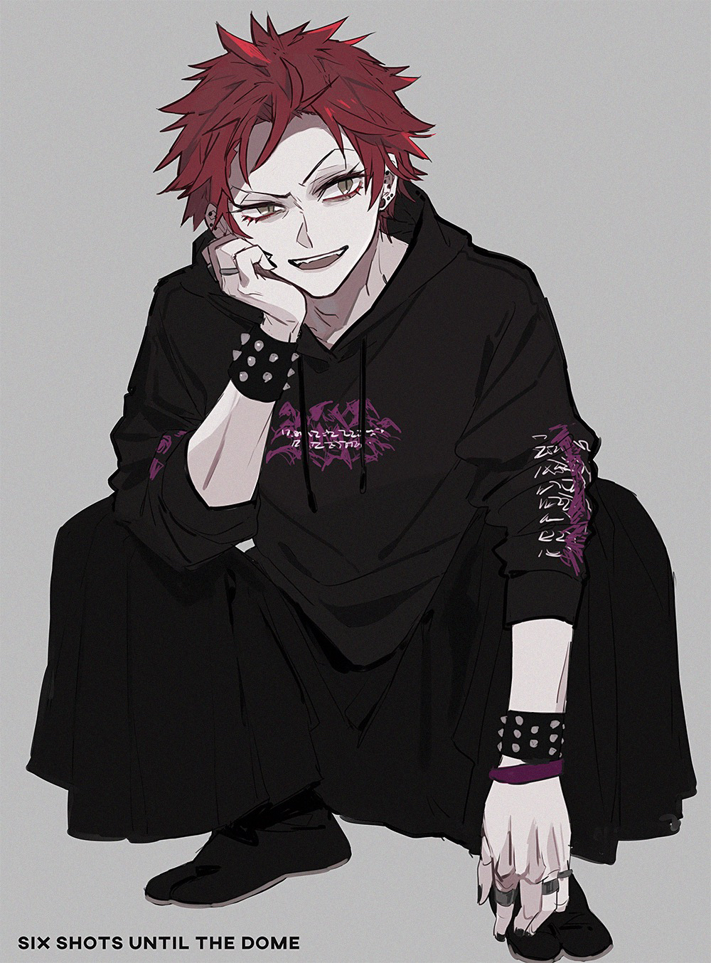 1boy, black_hakama, black_legwear, black_shirt, bracelet, earrings, ebanoniwa, grey_background, hakama, hakama_skirt, hand_up, highres, hood, hood_down, hypnosis_mic, hypnosis_mic:_rule_the_stage, japanese_clothes, jewelry, male_focus, red_hair, ring, sanagi_kenei, shirt, short_hair, simple_background, skirt, slit_pupils, smile, solo, spiked_bracelet, spikes, squatting, tabi, yellow_eyes