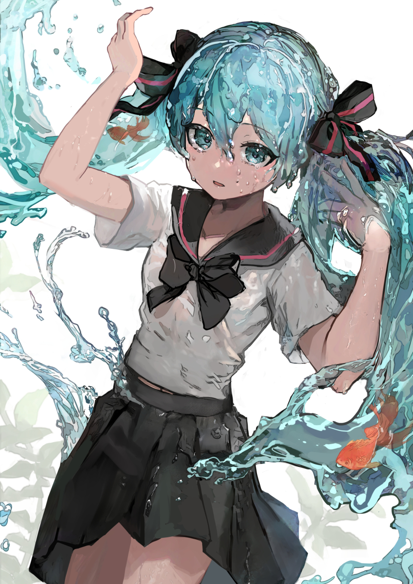 1girl, air_bubble, aqua_eyes, black_bow, black_bowtie, black_ribbon, black_sailor_collar, black_skirt
