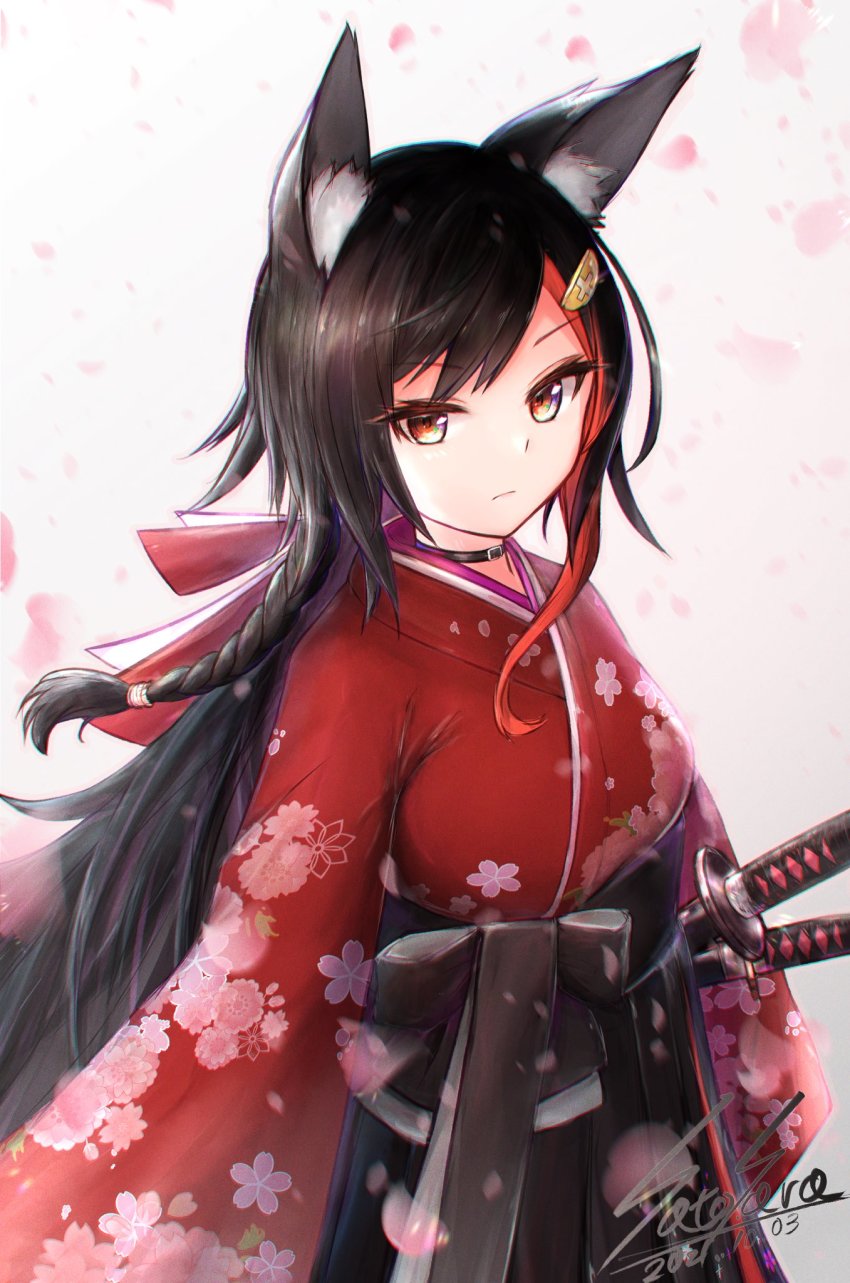 1girl, animal_ears, black_hair, braid, brown_eyes, cherry_blossoms, dated, hair_ornament