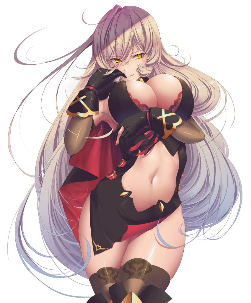 1girl, absurdres, blonde_hair, bra, breast_hold, breasts, cape, center_opening, cleavage, cleavage_cutout, clothing_cutout, crossed_legs, dress, elbow_gloves, gloves, hair_between_eyes, hand_on_own_face, highres, kariginu_(gureviyo582), large_breasts, long_hair, looking_at_viewer, multicolored_cape, naughty_face, navel, nijisanji, missing_headwear, nui_sociere, nui_sociere_(1st_costume), partially_fingerless_gloves, seductive_smile, short_dress, simple_background, smile, solo, stomach_cutout, thighhighs, underwear, very_long_hair, virtual_youtuber, watson_cross, white_background, witch, yellow_eyes, zettai_ryouiki