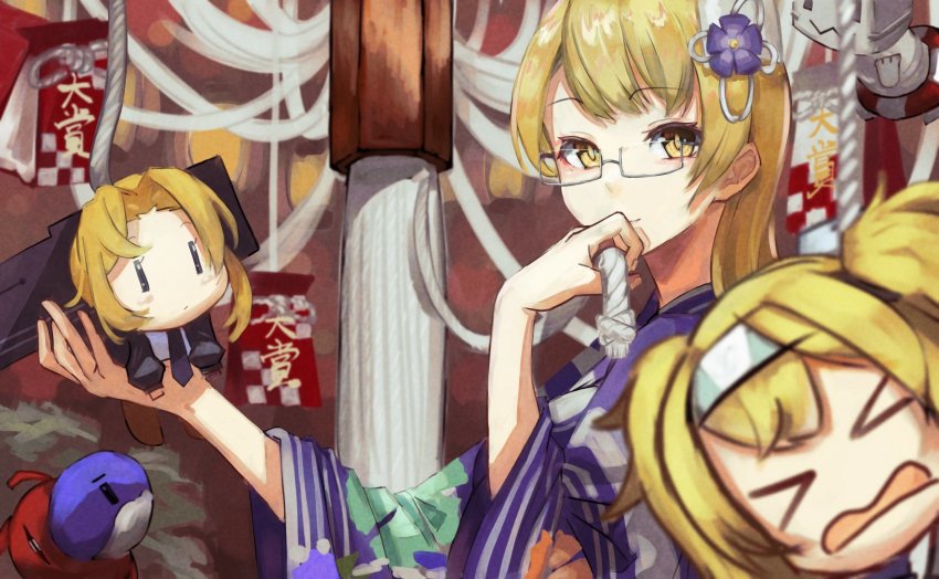 >_<, 1girl, blonde_hair, character_doll, closed_mouth, doll, enemy_lifebuoy_(kancolle), floral_print