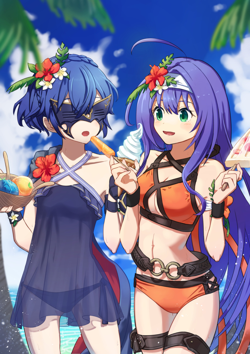 2girls, ahoge, alternate_costume, bare_shoulders, bikini, blue_bikini, blue_hair, blue_sky