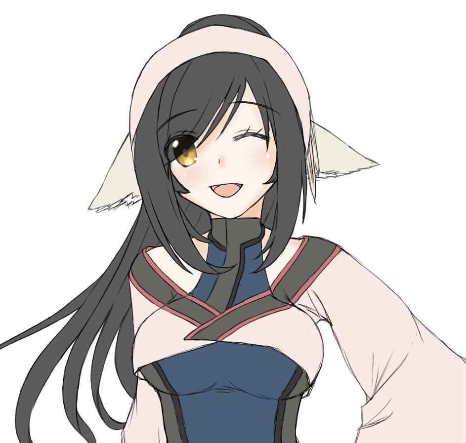 1girl, animal_ears, aquaplus, black_hair, breasts, brown_eyes, covered_collarbone, eyelashes