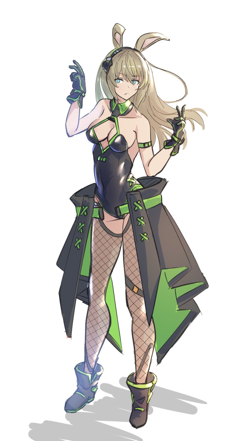 1girl, alternate_costume, aqua_eyes, bare_shoulders, breasts, brown_hair, character_request, collarbone, fishnet_legwear, fishnets, highres, long_hair, manon_(pso2), medium_breasts, omotti, phantasy_star, phantasy_star_online_2, phantasy_star_online_2_new_genesis, playboy_bunny, solo, very_long_hair, white_background