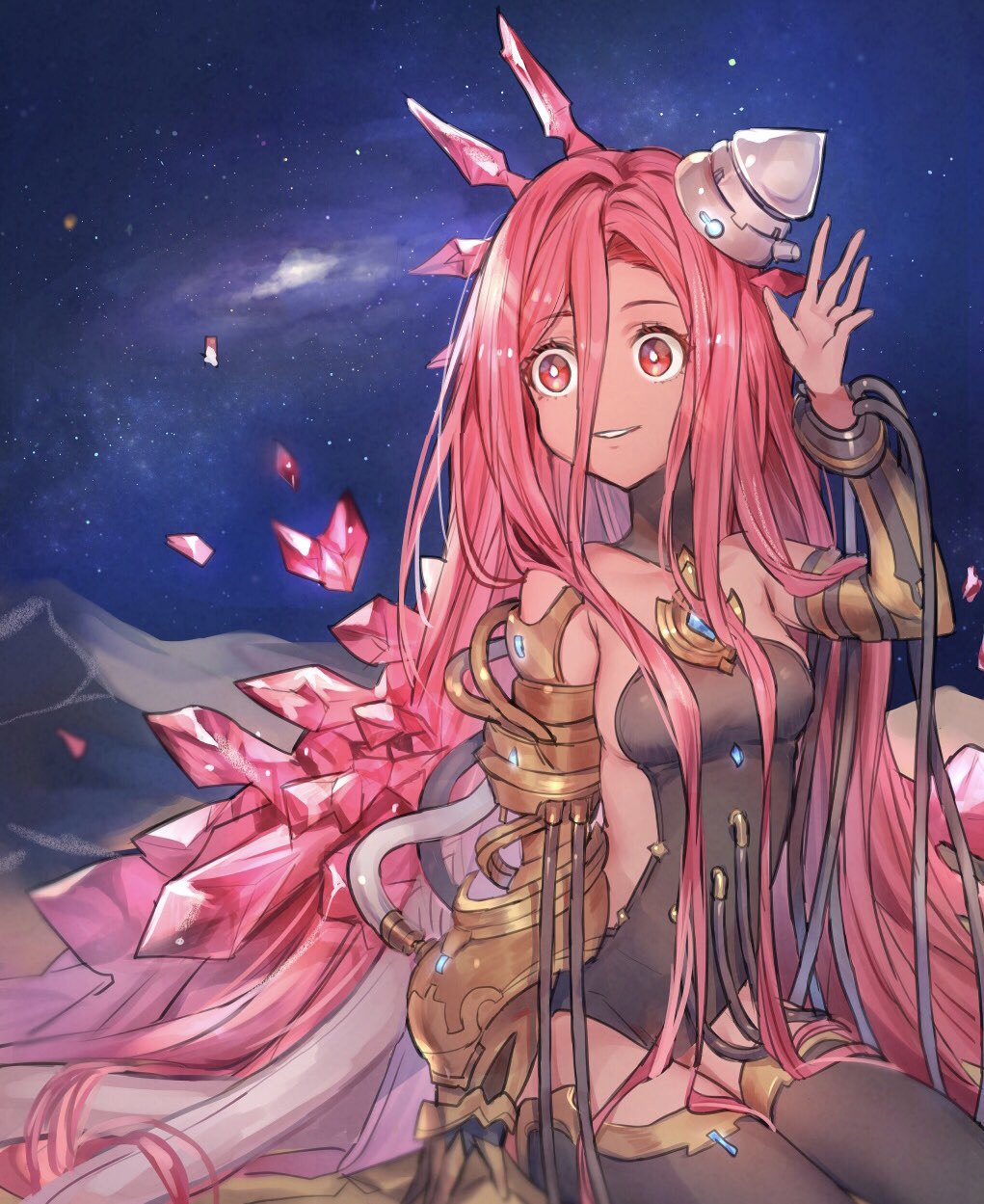 1girl, arm_at_side, black_leotard, cable, commentary, crystal, dark-skinned_female, dark_skin