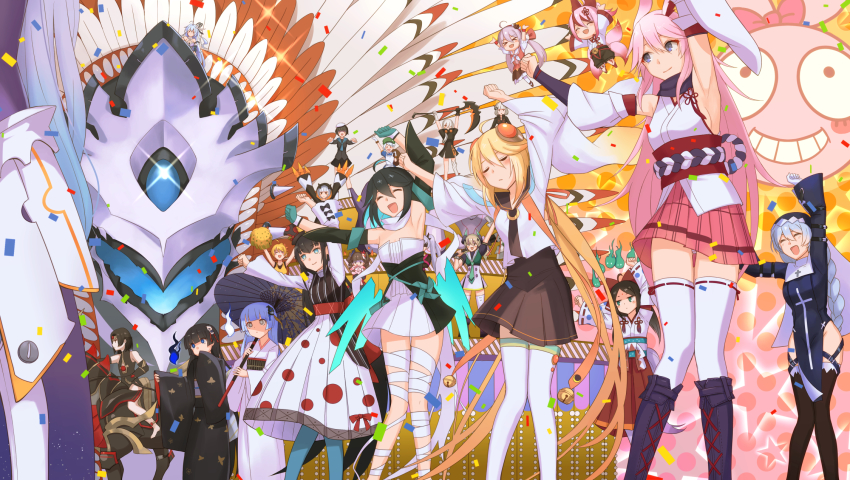 6+girls, animal_ears, armpits, bandages, bare_shoulders, barefoot, benares_(honkai_impact), honkai_gakuen, beret, black_hair, black_horns, black_jacket, black_kimono, blonde_hair, boots, braid, braided_ponytail, brown_hair, brown_skirt, carnival_phantasm, character_request, chibi, claws, closed_eyes, closed_mouth, confetti, dark_jixuanyuan, dragon, floating, fox_ears, fox_girl, fox_tail, full_body, green_hair, hair_between_eyes, hair_over_one_eye, hat, highres, higokumaru, hitodama, holding, holding_umbrella, holding_weapon, homei_(honkai_impact), honkai_(series), honkai_impact_3rd, horns, horseback_riding, jacket, japanese_clothes, jixuanyuan, kallen_kaslana, kimono, knee_boots, long_hair, looking_at_viewer, miko, multiple_girls, nun, oil-paper_umbrella, open_mouth, outstretched_arms, parody, pink_hair, pink_skirt, purple_eyes, purple_footwear, purple_hair, riding, rin_(honkai_impact), scythe, short_hair, skirt, sleeveless, smile, super_affection, tail, thighhighs, umbrella, weapon, wendy_(honkai_impact), white_hair, white_headwear, white_kimono, white_legwear, yae_sakura, yae_sakura_(gyakushinn_miko), yumegiwa_(skgl_thx), zombie, zombie_(honkai_impact)