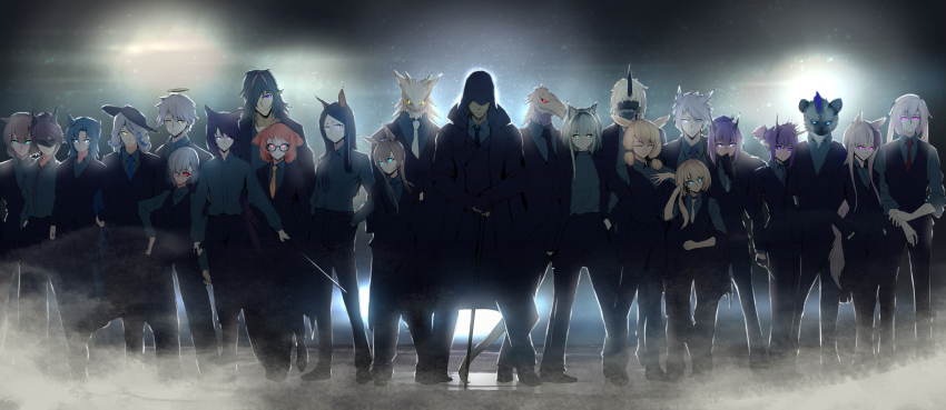 12f_(arknights), 6+boys, 6+girls, absurdres, adnachiel_(arknights), amiya_(arknights), ansel_(arknights), arknights, beagle_(arknights), black_neckwear, blue_eyes, cane, cardigan_(arknights), catapult_(arknights), chinese_commentary, closed_mouth, covered_eyes, dobermann_(arknights), doctor_(arknights), durin_(arknights), dust, everyone, faceless, faceless_male, fang_(arknights), fingerless_gloves, formal_clothes, full_body, gloves, group_picture, hibiscus_(arknights), highres, holding, holding_sword, holding_weapon, incredibly_absurdres, kal'tsit_(arknights), kroos_(arknights), lava_(arknights), mafia, melantha_(arknights), midnight_(arknights), multiple_boys, multiple_girls, noir_corne_(arknights), orchid_(arknights), popukar_(arknights), purple_eyes, rangers_(arknights), spot_(arknights), steward_(arknights), suit, sword, tierla, weapon, white_neckwear, yato_(arknights), yellow_eyes