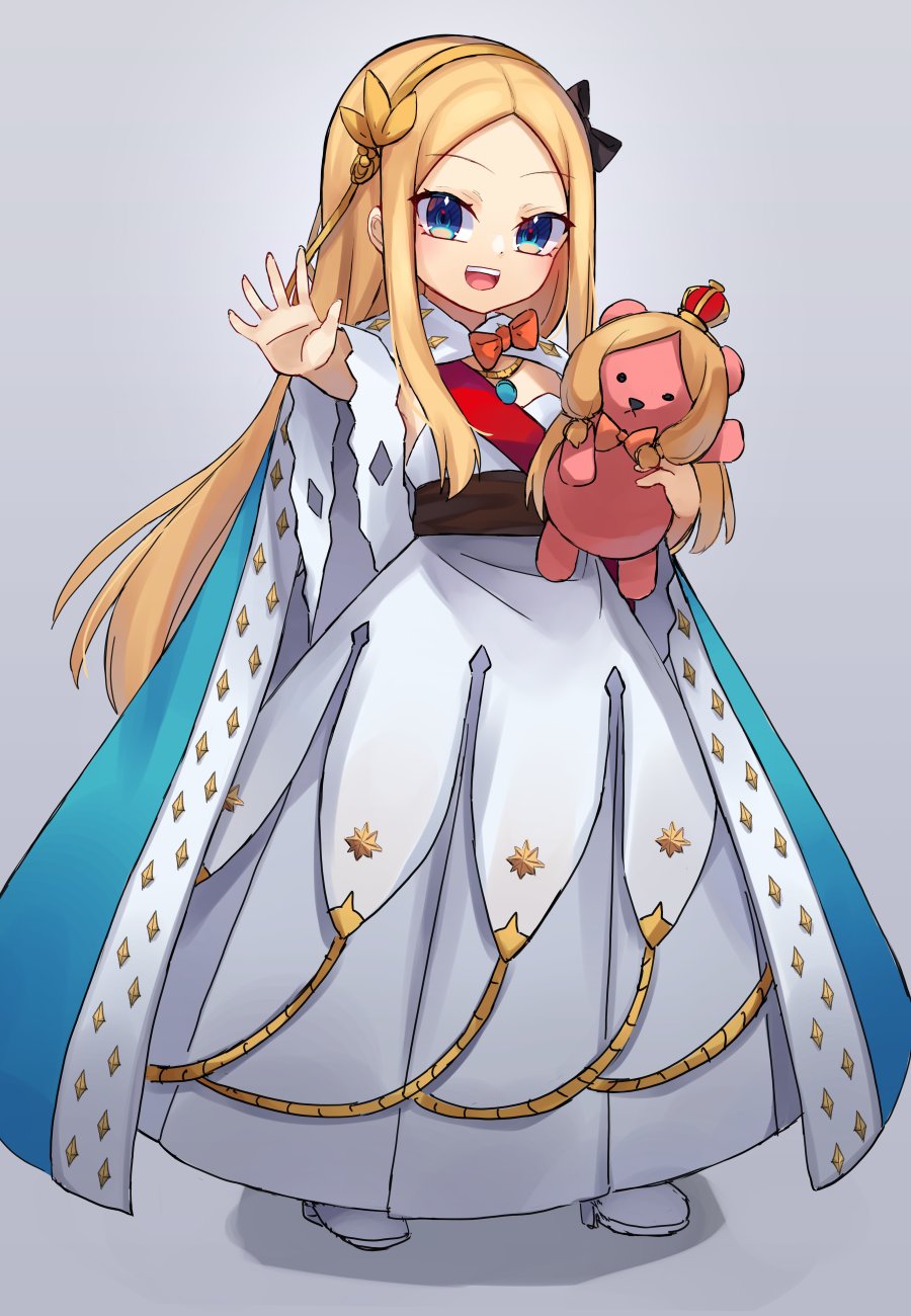 1girl, abigail_williams_(fate), anastasia_(fate), anastasia_(fate)_(cosplay), blonde_hair, blue_cloak, blue_eyes, blush, breasts, cloak, cosplay, dress, fate/grand_order, fate_(series), forehead, full_body, fur_trim, hairband, highres, jewelry, long_hair, looking_at_viewer, miya_(miyaruta), necklace, open_mouth, outstretched_arm, parted_bangs, pendant, small_breasts, smile, stuffed_animal, stuffed_toy, teddy_bear, white_dress