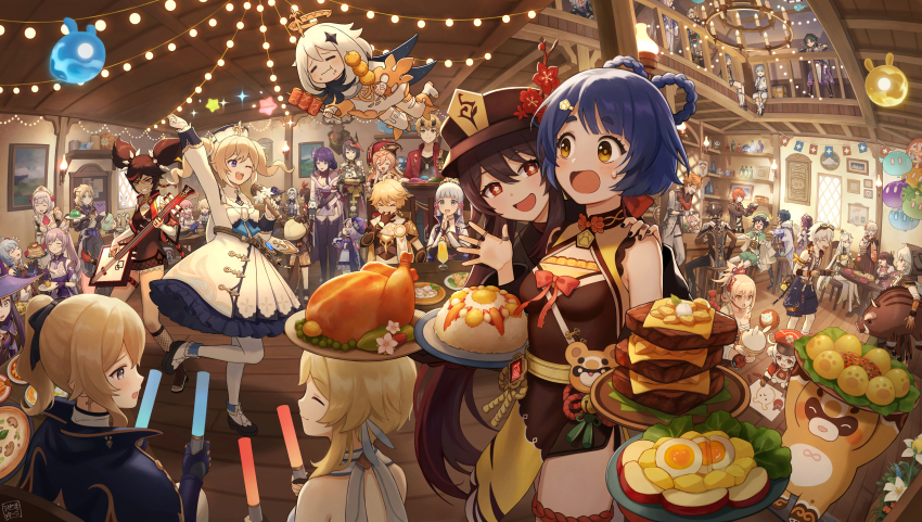 >_<, 6+boys, 6+girls, :d, :o, absurdly_detailed_composition, absurdres, abyss_mage_(genshin_impact), aether_(genshin_impact), ahoge, albedo_(genshin_impact), amber_(genshin_impact), animal, animal_ears, animal_hood, armband, armor, asymmetrical_hair, ayaka_(genshin_impact), bandaged_leg, bandages, bandaid, bandaid_on_face, bandaid_on_nose, barbara_(genshin_impact), beidou_(genshin_impact), bell, bennett_(genshin_impact), beret, black_bodysuit, black_footwear, black_gloves, black_hair, black_nails, black_pants, black_ribbon, blonde_hair, blue_capelet, blue_hair, blue_neckwear, blue_shorts, blush, boar, board_game, bodysuit, bone, boots, bottle, braid, braided_hair_rings, bread, bread_slice, breasts, brown_dress, brown_hair, bulletin_board, cape, capelet, cat_ears, cat_girl, ceiling_light, center_opening, chandelier, cheering, cheese, chicken_(food), chongyun_(genshin_impact), chopsticks, cigarette, cleavage, closed_eyes, closed_mouth, commentary_request, conch, cone_hair_bun, corset, cowbell, cross, cross_earrings, crumbs, cup, cupping_hands, dancing, dark-skinned_female, dark-skinned_male, dark_skin, detached_sleeves, diluc_(genshin_impact), diona_(genshin_impact), drawing, dress, drinking_glass, drooling, drunk, earrings, egg, epaulettes, eula_(genshin_impact), everyone, eyepatch, eyeshadow, facial_mark, facial_scar, fischl_(genshin_impact), fishnet_legwear, fishnets, flower, flower-shaped_pupils, flower_knot, flying, food, food_on_face, forehead_mark, french_braid, frilled_dress, frills, ganyu_(genshin_impact), genshin_impact, glasses, gloves, glowstick, goat_horns, goggles, goggles_on_head, gorou_(genshin_impact), gradient_hair, green_cape, green_eyes, green_headwear, green_shorts, grin, guitar, guoba_(genshin_impact), hair_between_eyes, hair_bun, hair_ornament, hair_over_one_eye, hair_ribbon, hair_rings, hair_stick, hairband, hand_on_another's_shoulder, harp, hat, high_heel_boots, high_heels, highres, hilichurl_(genshin_impact), holding, holding_animal, holding_bone, holding_bottle, holding_chopsticks, holding_food, holding_glowstick, holding_instrument, holding_microphone, holding_plate, hood, hood_up, horns, hu_tao_(genshin_impact), indoors, instrument, jacket, japanese_clothes, jean_(genshin_impact), jewelry, jiangshi, kaedehara_kazuha, kaeya_(genshin_impact), keqing_(genshin_impact), kimono, klee_(genshin_impact), knee_boots, kujou_sara, laughing, leaf, leaf_on_head, light_blue_hair, light_green_hair, light_purple_hair, lisa_(genshin_impact), long_hair, long_sleeves, looking_at_another, looking_down, lumine_(genshin_impact), magic, makeup, mask, mask_on_head, meat, medium_breasts, medium_hair, microphone, milk_bottle, mole, mole_under_eye, mona_(genshin_impact), multicolored_hair, multiple_boys, multiple_girls, music, nail_polish, neck_bell, necktie, newsboy_cap, ningguang_(genshin_impact), noelle_(genshin_impact), nun, nun_headdress, obi, obiage, obijime, one_eye_covered, open_clothes, open_jacket, open_mouth, orange_eyes, orange_hair, own_hands_together, palms_together, pancake, pants, parted_bangs, party, paw_print, pelvic_curtain, pink_hair, pizza, plate, playing_instrument, plum_blossoms, ponytail, popsicle, porkpie_hat, pot, pudding, purple_capelet, purple_dress, purple_eyes, purple_gloves, purple_hair, purple_headwear, purple_kimono, purple_pants, qingdai_guanmao, qiqi_(genshin_impact), raiden_shogun, razor_(genshin_impact), red_eyes, red_hair, red_headwear, red_jacket, red_neckwear, ribbon, rice, ring, rosaria_(genshin_impact), saliva, sangonomiya_kokomi, sarashi, sash, sayu_(genshin_impact), scar, scar_on_cheek, scar_on_face, seelie_(genshin_impact), shaded_face, shogi, short_dress, short_hair, short_kimono, short_ponytail, short_sleeves, shorts, shoulder_armor, shouting, shrimp, shrimp_tempura, sidelocks, signature, silver_hair, singing, single_braid, sitting, skewer, sleeveless, sleeveless_dress, slime_(genshin_impact), small_breasts, smile, smoking, spiked_hairband, spikes, squatting, standing, standing_on_one_leg, star_(symbol), stool, straight_hair, streaked_hair, sucrose_(genshin_impact), surprised, sweatdrop, symbol-shaped_pupils, table, tail, tartaglia_(genshin_impact), tassel, taxidermy, tearing_up, tempura, tengu_mask, tentacles, thick_eyebrows, thigh_strap, thighhighs, thoma_(genshin_impact), toast, toenail_polish, toenails, tofu, treasure_chest, trembling, twintails, two-tone_hair, two_side_up, v-shaped_eyebrows, vambraces, veil, venti_(genshin_impact), vision_(genshin_impact), whistling, white_dress, white_footwear, white_gloves, white_headwear, wide_sleeves, wine_glass, witch_hat, wooden_ceiling, wooden_floor, x_x, xiangling_(genshin_impact), xiao_(genshin_impact), xingqiu_(genshin_impact), xinyan_(genshin_impact), yae_miko, yanfei_(genshin_impact), yoimiya_(genshin_impact), yuko666, zettai_ryouiki, zhongli_(genshin_impact)
