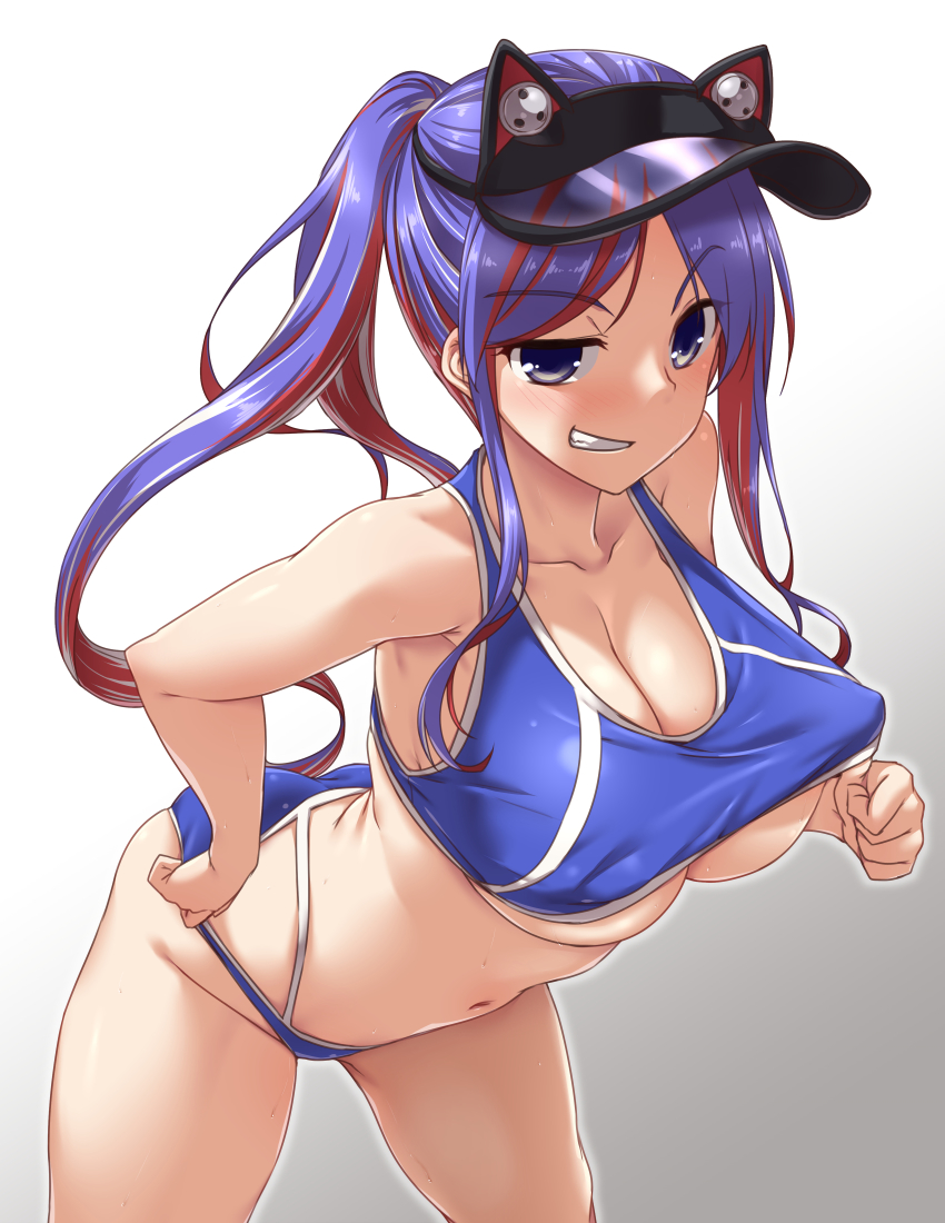 1girl, ass, bare_arms, bare_legs, bare_shoulders, bikini, bikini_pull, blue_bikini, blue_hair, blush, breasts, clothes_pull, collarbone, commentary_request, cowboy_shot, grin, groin, highres, kantai_collection, large_breasts, leaning_forward, long_hair, looking_at_viewer, multicolored_hair, one-piece_swimsuit_pull, ponytail, purple_eyes, red_hair, simple_background, smile, smug, solo, south_dakota_(kancolle), south_dakota_(swimsuit)_(kancolle), swimsuit, visor_cap, white_background, white_hair, yoshi_tama