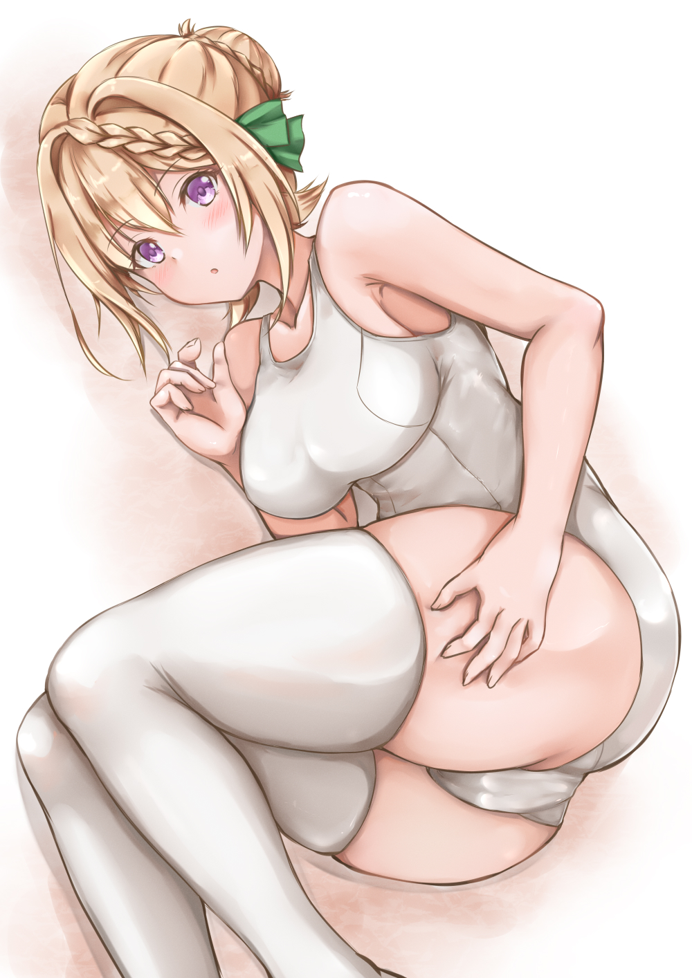 1girl, blonde_hair, braid, braided_bun, breasts, feet_out_of_frame, hair_bun, highres