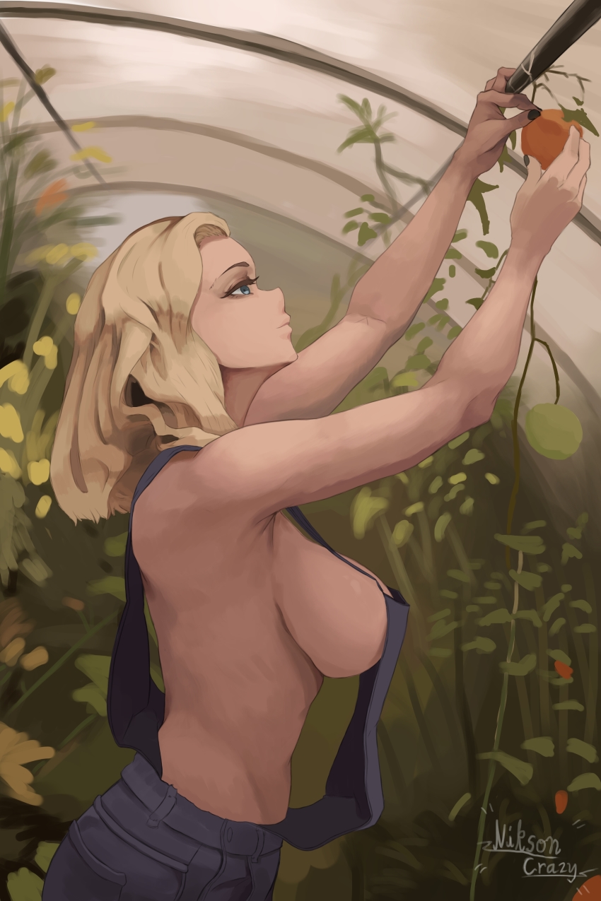 1girl, absurdres, armpits, artist_name, black_nails, blonde_hair, blue_eyes, breasts, eyelashes, food, from_side, fruit, greenhouse, highres, large_breasts, nail_polish, naked_overalls, niksoncrazy, original, overalls, plant, sideboob, signature, solo, upper_body
