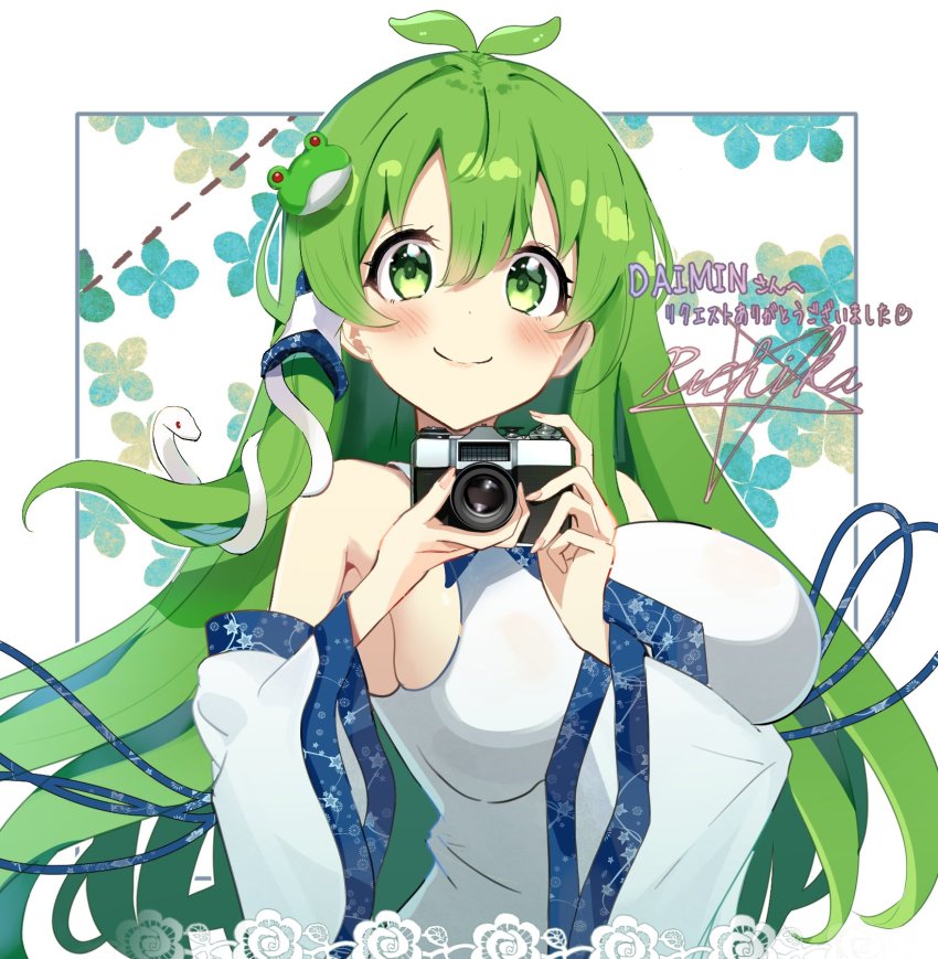 1girl, ahoge, blush, breasts, camera, commentary_request, detached_sleeves, dot_nose