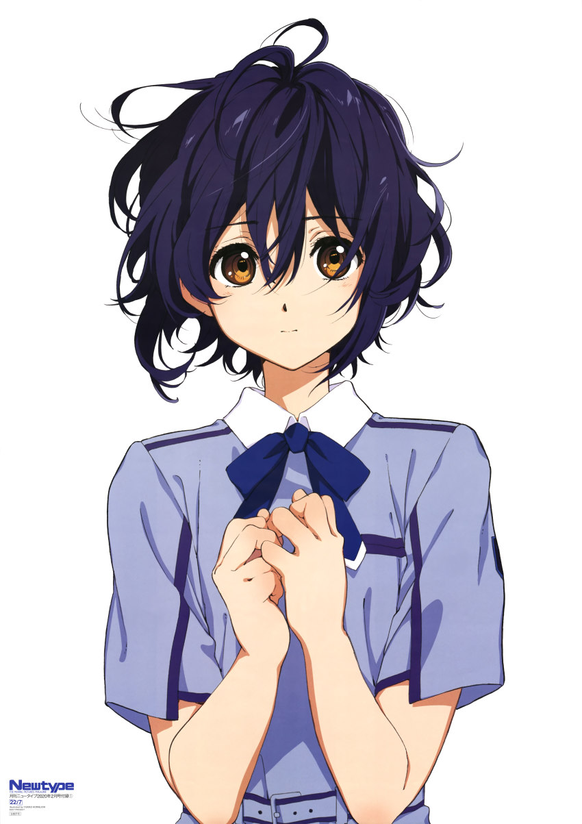 1girl, 22/7, absurdres, black_hair, blue_bow, blue_neckwear, blue_shirt, boku_wa_sonzai_shiteinakatta