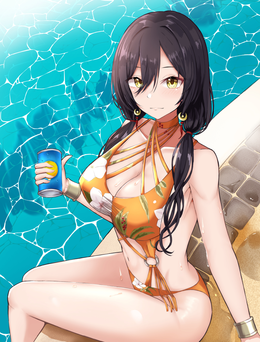 1girl, absurdres, bare_shoulders, black_hair, blush, breasts, can, cleavage, collarbone, commentary_request, deen_(hnxp8555), hair_between_eyes, highres, holding, holding_can, idolmaster, idolmaster_shiny_colors, large_breasts, looking_at_viewer, navel, o-ring, o-ring_one-piece_swimsuit, one-piece_swimsuit, orange_one-piece_swimsuit, pool, poolside, shirase_sakuya, sitting, solo, swimsuit, water, yellow_eyes
