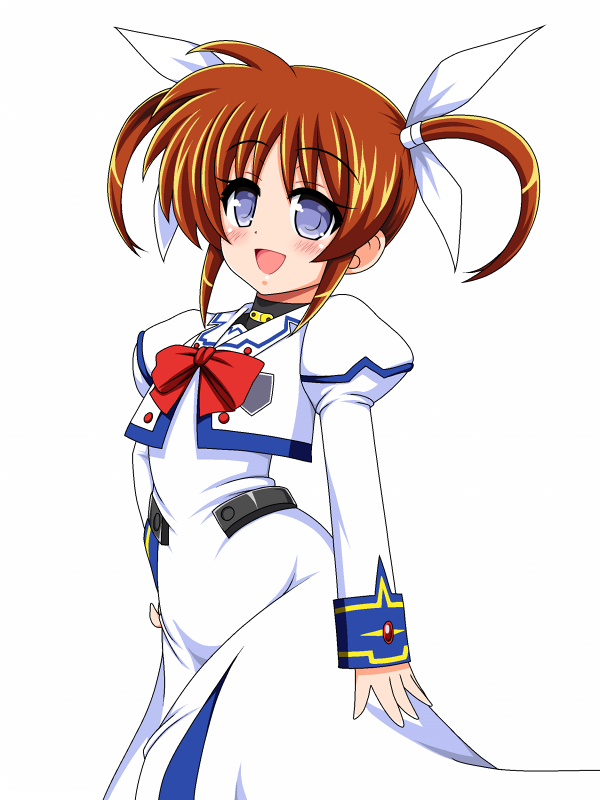 1girl, brown_hair, cowboy_shot, dress, hair_ribbon, hand_on_own_hip, long_hair, lyrical_nanoha