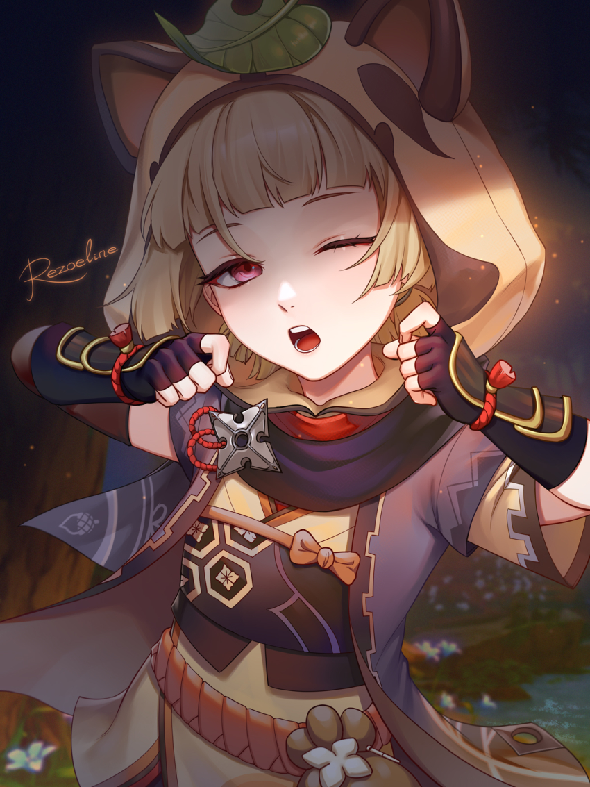 1girl, ;o, animal_ears, animal_hood, arm_guards, black_gloves, black_scarf, blunt_bangs