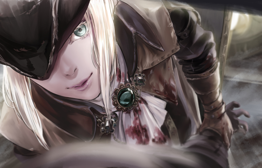 1girl, absurdres, ascot, blonde_hair, blood, bloodborne, blue_eyes, cape