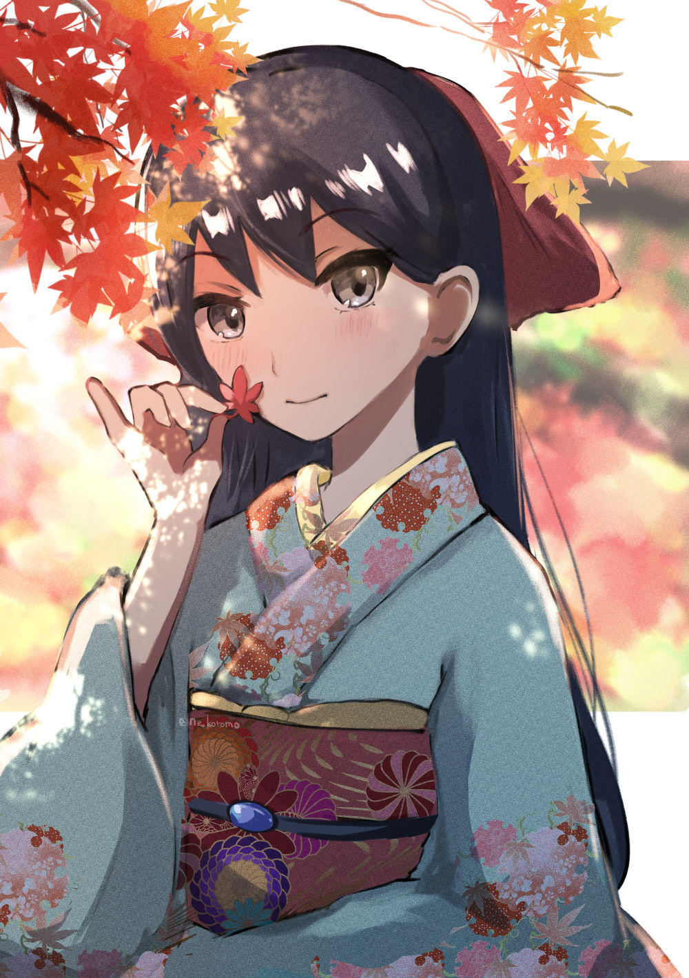 1girl, autumn_leaves, black_hair, blue_kimono, blush, brown_eyes, chidori_nekoro, dappled_sunlight, floral_print, highres, japanese_clothes, kimono, leaf, long_hair, obi, outdoors, sash, shima_tamako, smile, solo, sunlight, taishou_otome_otogibanashi, upper_body, wide_sleeves