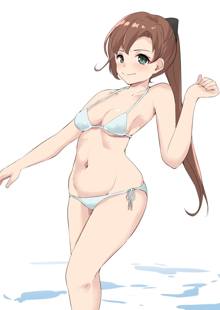 1girl, akigumo_(kancolle), bikini, breasts, brown_hair, cleavage, cowboy_shot, green_eyes