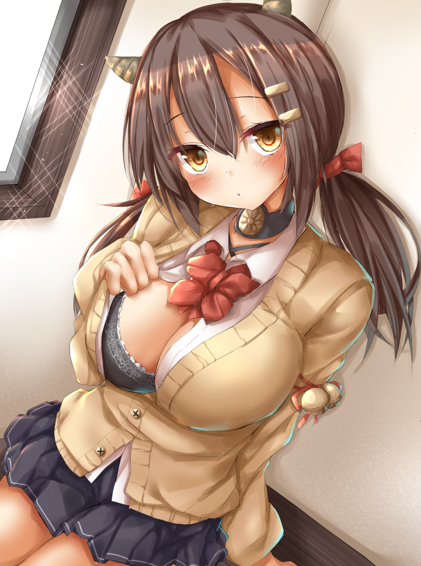 1girl, absurdres, azur_lane, beige_cardigan, black_bra, black_skirt, bow, bra