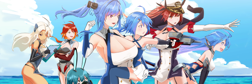 6+girls, absurdres, ahoge, animal_ears, aqua_hair, ass, azur_lane, black_garter_straps, black_gloves, black_jacket, black_panties, black_ribbon, blonde_hair, blue_sky, boise_(azur_lane), breasts, brooklyn_(azur_lane), buttons, carrying, carrying_person, cleavage, collar, criss-cross_halter, crossed_arms, dark-skinned_female, dark_skin, detached_sleeves, double-breasted, dress, elbow_gloves, fake_animal_ears, fingerless_gloves, from_side, garter_straps, gloves, gradient_hair, hair_between_eyes, hair_ribbon, halterneck, headgear, helena_(azur_lane), helena_(retrofit)_(azur_lane), highres, holding, holding_weapon, honolulu_(azur_lane), huge_breasts, jacket, jacket_on_shoulders, kotalier, large_breasts, leaning_forward, lena_(azur_lane), light_purple_hair, looking_at_viewer, mechanical_ears, medium_breasts, metal_collar, microdress, military, military_uniform, miniskirt, mother_and_child, mother_and_daughter, multicolored_hair, multiple_girls, nail_polish, naval_uniform, open_mouth, orange_hair, outdoors, outstretched_arm, oxygen_mask, panties, parent_and_child, pelvic_curtain, phoenix_(azur_lane), purple_eyes, red_eyes, red_hair, red_nails, ribbon, short_hair_with_long_locks, skirt, sky, sleeveless, sleeveless_dress, st._louis_(azur_lane), string_panties, taut_clothes, taut_dress, twintails, two-tone_hair, underwear, water, weapon, white_gloves, white_headwear, white_skirt, yellow_eyes