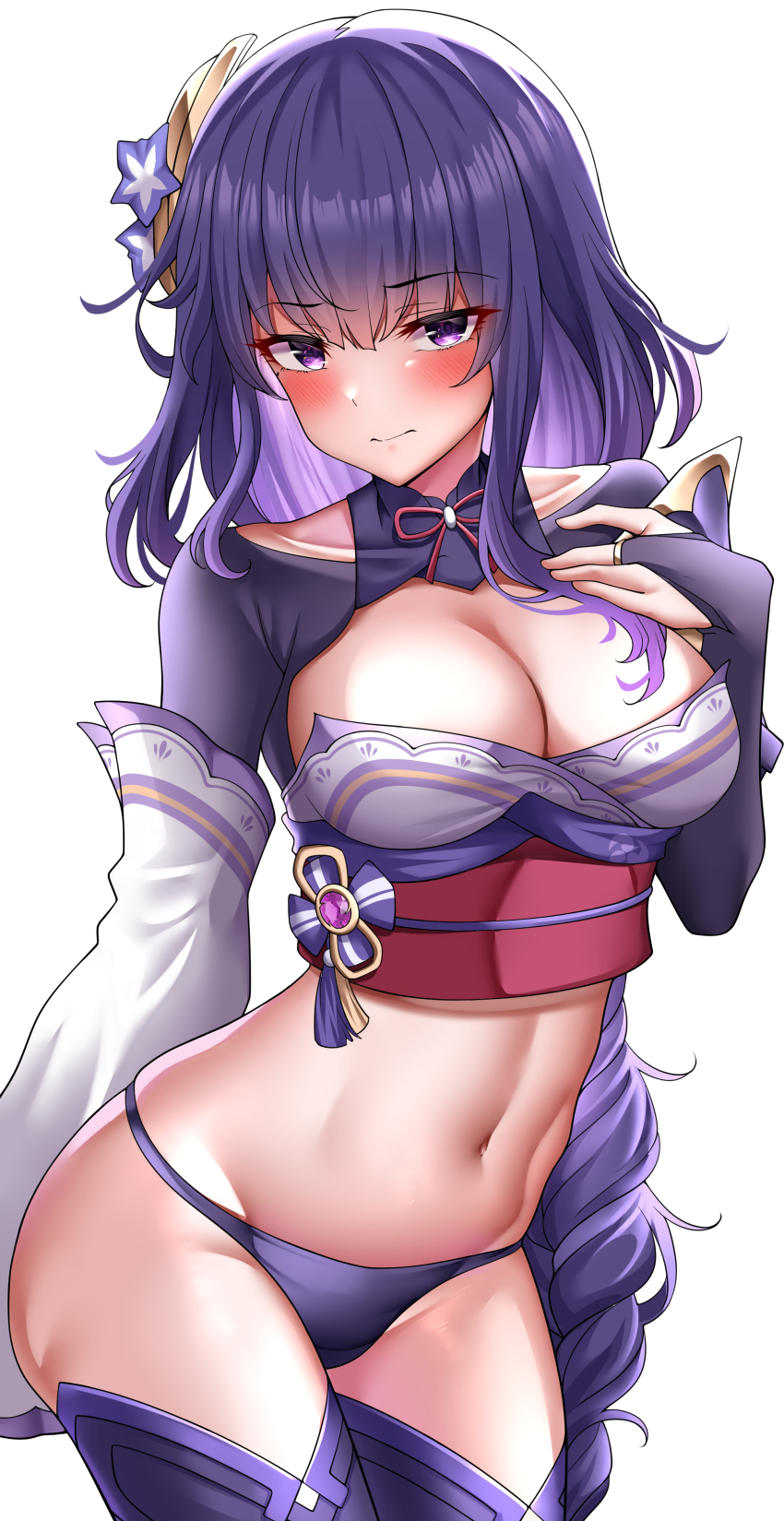 1girl, absurdres, adapted_costume, black_panties, black_thighhighs, blush, braid, breasts