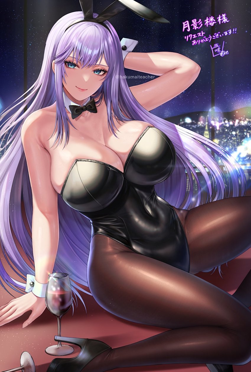 1girl, alexandra_viktorovna_dashkova_(tukikagerou), animal_ears, black_bow, black_bowtie, black_footwear, black_leotard, black_pantyhose