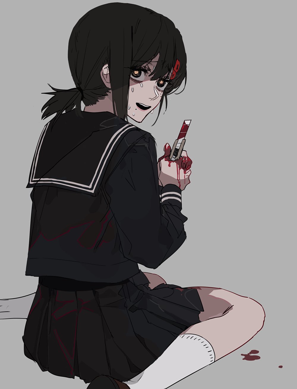 1girl, black_hair, black_sailor_collar, black_serafuku, black_shirt, black_skirt, blood, blood_on_hands