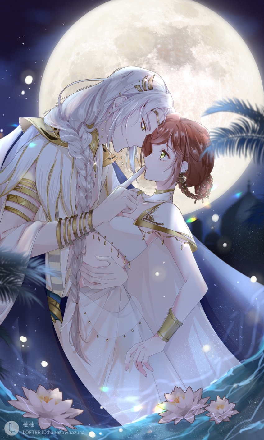 1boy, 1girl, absurdres, braid, brown_hair, couple, elbow_gloves, face-to-face, from_side, gloves, green_eyes, grey_hair, hanazawaazusa, highres, moon, moonlight, outdoors, rosa_(tears_of_themis), tears_of_themis, vyn_richter_(tears_of_themis), white_hair, yellow_eyes