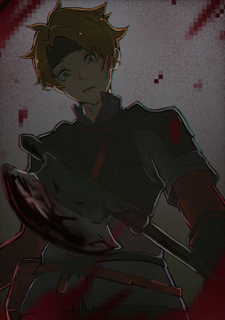 1boy, axe, bad_id, bad_pixiv_id, blonde_hair, blood, bloody_weapon, censored